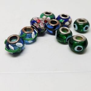UNBRANDED Vtg Silver Tone Hand Blown Lilly & Cloisonne Glass Bead Charms Lot 9